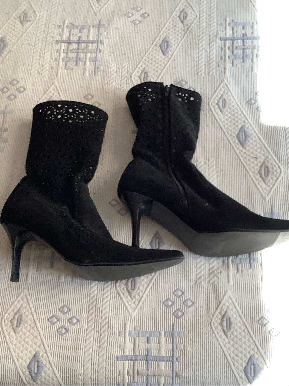 Black Suede Pointed Toe Heeled Ankle Boots with Laser-Cut Detail